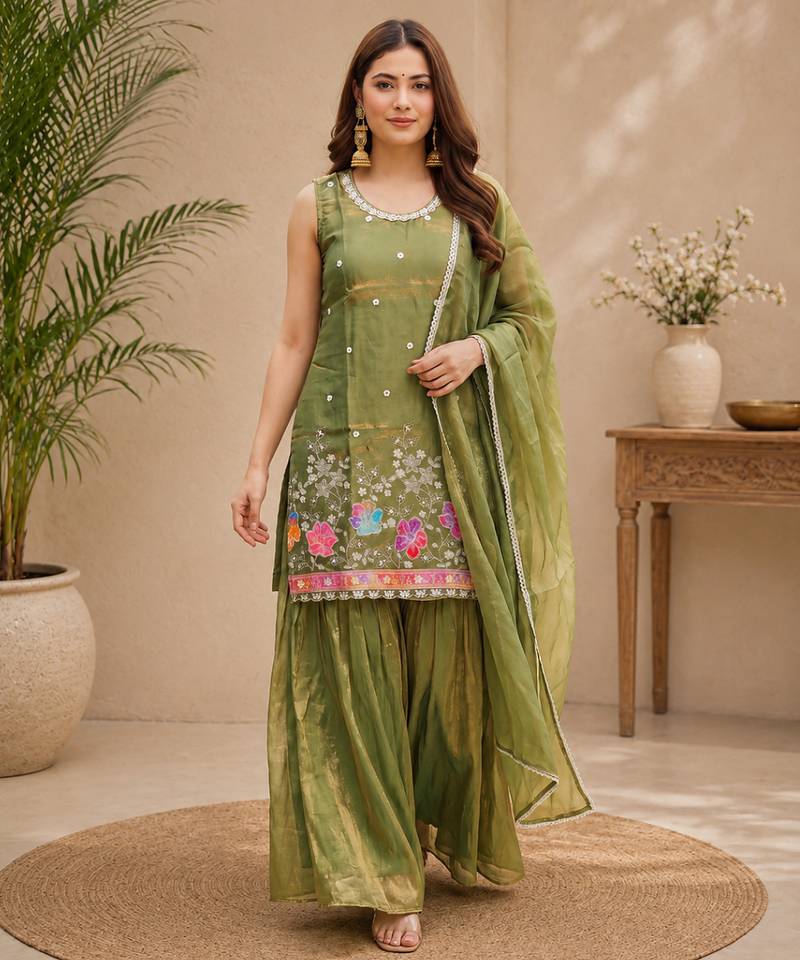 Women ethnic motifs embroidered regular thread work kurta with trousers & with dupatta