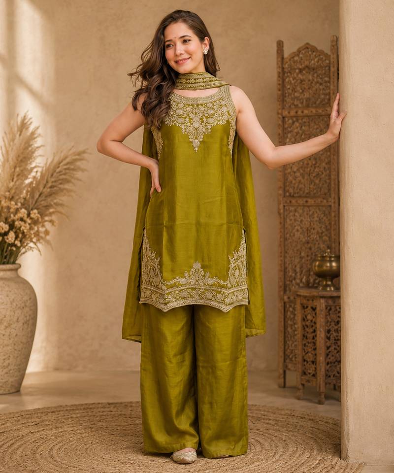 Women ethnic motifs embroidered regular thread work kurta with trousers & with dupatta