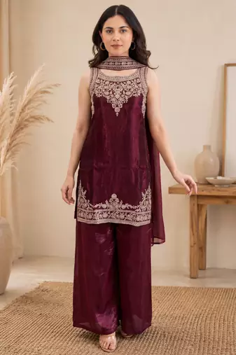 Women ethnic motifs embroidered regular thread work kurta with palazzos & with dupatta