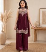 Women ethnic motifs embroidered regular thread work kurta with palazzos & with dupatta