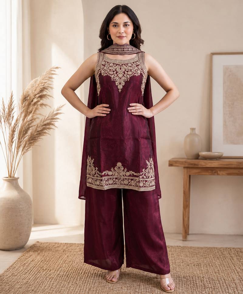 Women ethnic motifs embroidered regular thread work kurta with palazzos & with dupatta