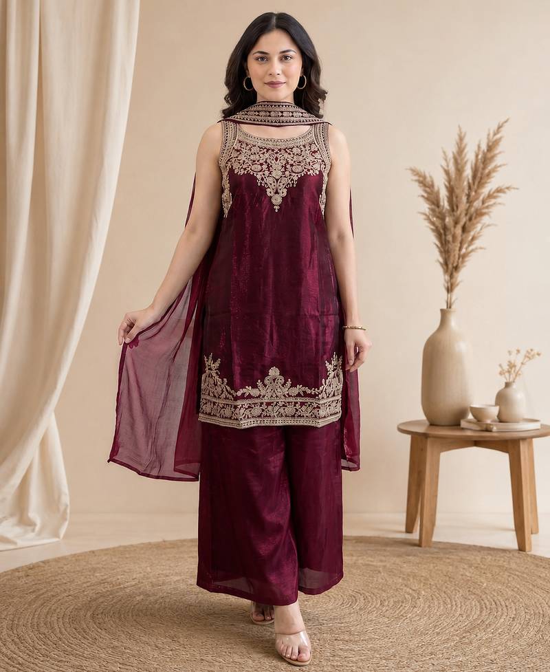 Women ethnic motifs embroidered regular thread work kurta with palazzos & with dupatta