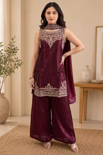 Women ethnic motifs embroidered regular thread work kurta with palazzos & with dupatta