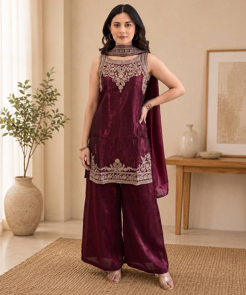 Women ethnic motifs embroidered regular thread work kurta with palazzos & with dupatta