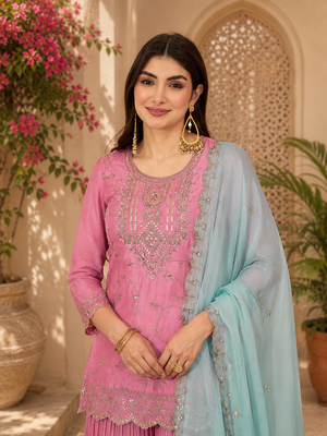 Women floral embroidered regular thread work kurta with trousers & with dupatta 5
