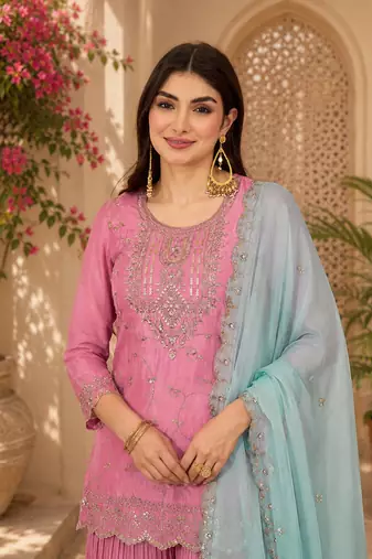 Women floral embroidered regular thread work kurta with trousers & with dupatta