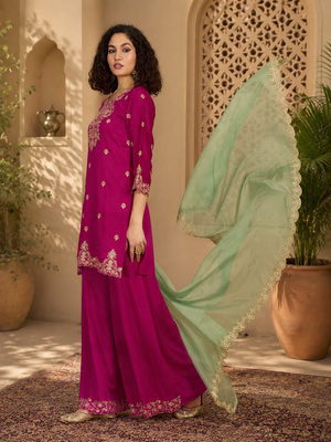 Women ethnic motifs embroidered regular thread work kurta with palazzos & with dupatta 1