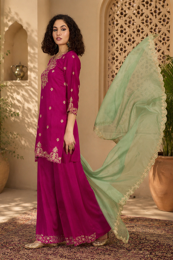 Women ethnic motifs embroidered regular thread work kurta with palazzos & with dupatta