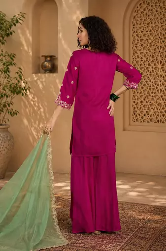 Women ethnic motifs embroidered regular thread work kurta with palazzos & with dupatta