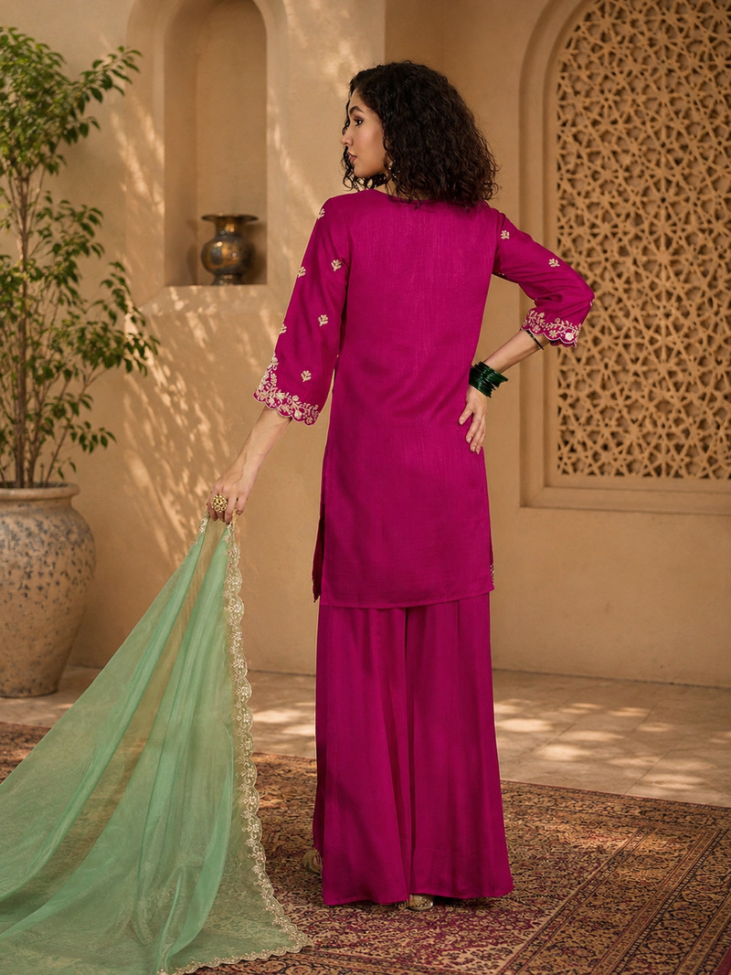 Women ethnic motifs embroidered regular thread work kurta with palazzos & with dupatta