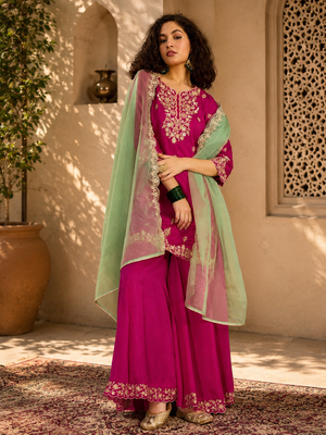Women ethnic motifs embroidered regular thread work kurta with palazzos & with dupatta 3