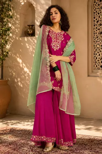 Women ethnic motifs embroidered regular thread work kurta with palazzos & with dupatta