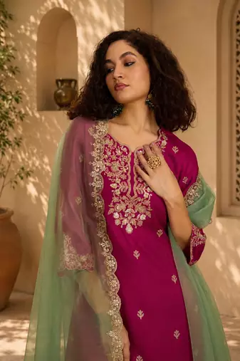 Women ethnic motifs embroidered regular thread work kurta with palazzos & with dupatta