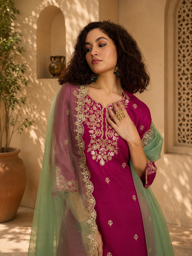 Women ethnic motifs embroidered regular thread work kurta with palazzos & with dupatta