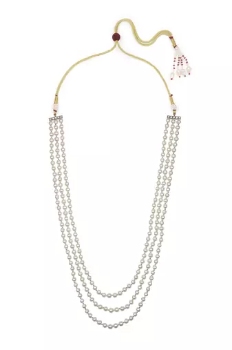 flowing mother of pearl 3 layer brass kundan antique gold plated long haram pearl mala for women