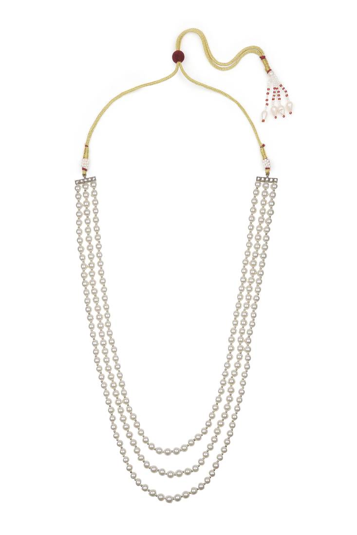 flowing mother of pearl 3 layer brass kundan antique gold plated long haram pearl mala for women