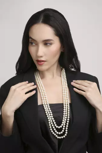 flowing mother of pearl 3 layer brass kundan antique gold plated long haram pearl mala for women