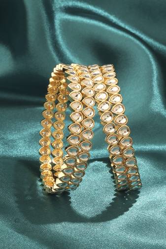 modern oval shape white kundan stone gold plated set of 2 bangle set for women