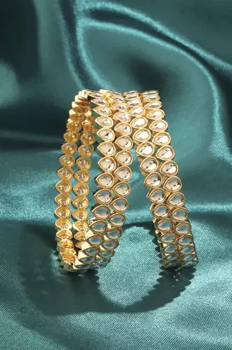modern oval shape white kundan stone gold plated set of 2 bangle set for women