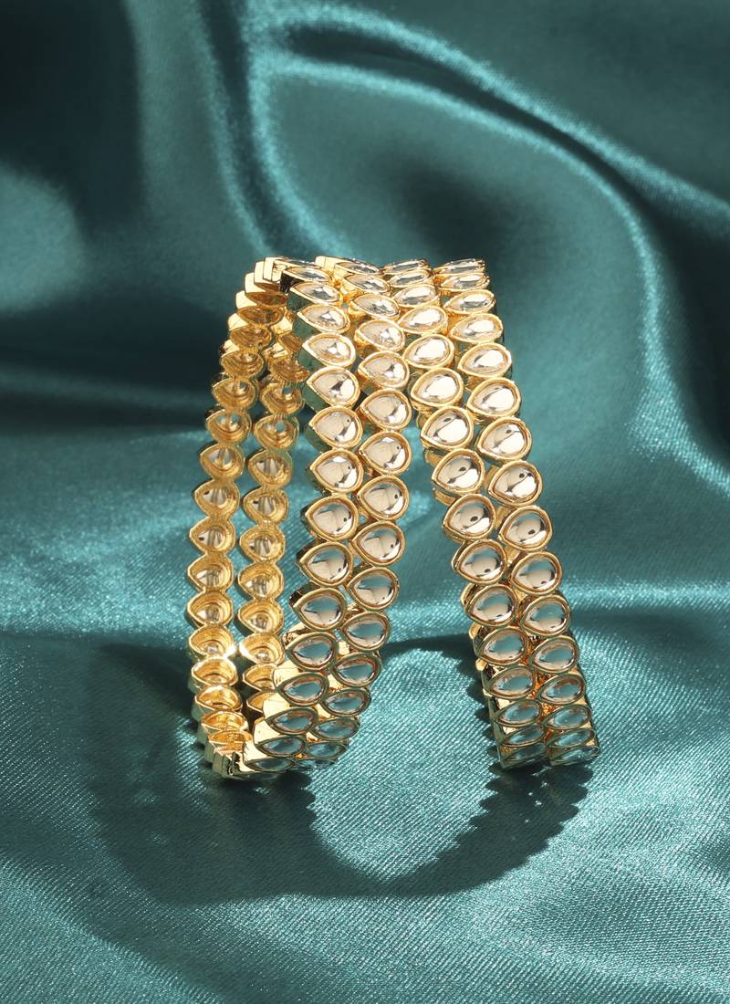 modern oval shape white kundan stone gold plated set of 2 bangle set for women