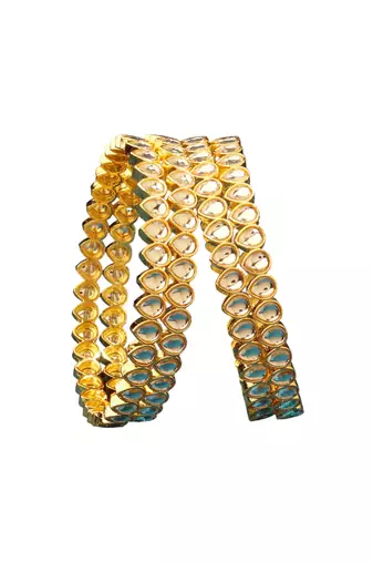 modern oval shape white kundan stone gold plated set of 2 bangle set for women