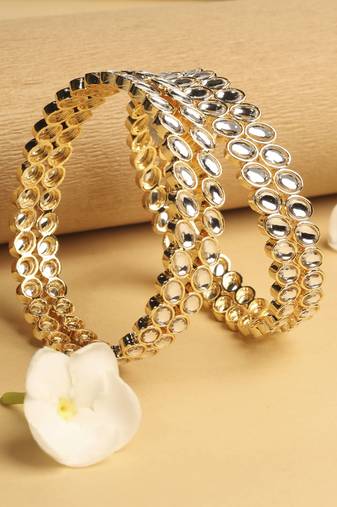 traditional circle shape white kundan stone gold plated set of 4 bangle set for women