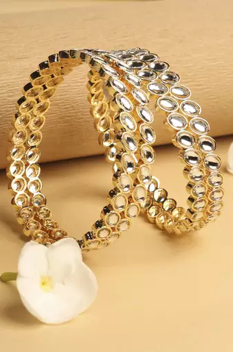 traditional circle shape white kundan stone gold plated set of 4 bangle set for women