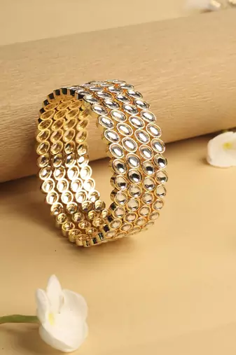 traditional circle shape white kundan stone gold plated set of 4 bangle set for women
