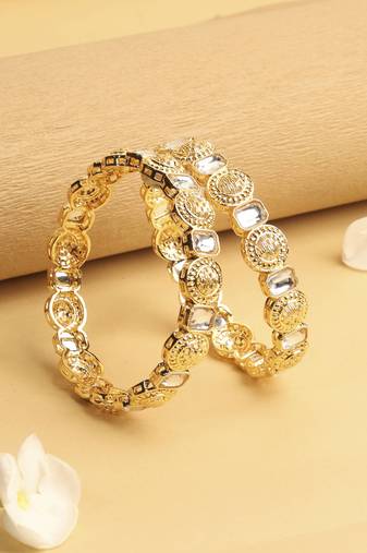 traditional round shape white kundan stone gold plated set of 2 bangle set for women