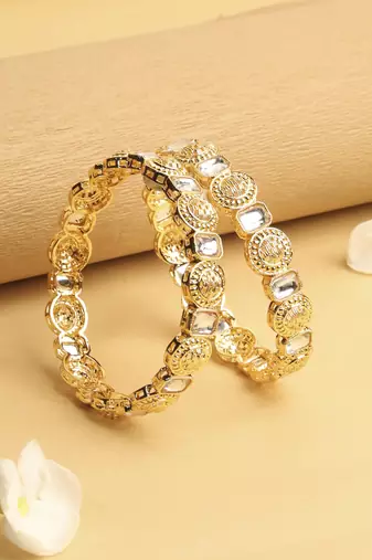 traditional round shape white kundan stone gold plated set of 2 bangle set for women