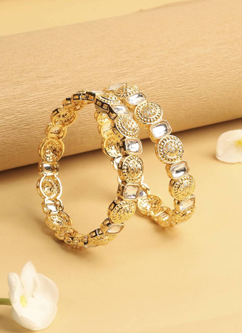 traditional round shape white kundan stone gold plated set of 2 bangle set for women