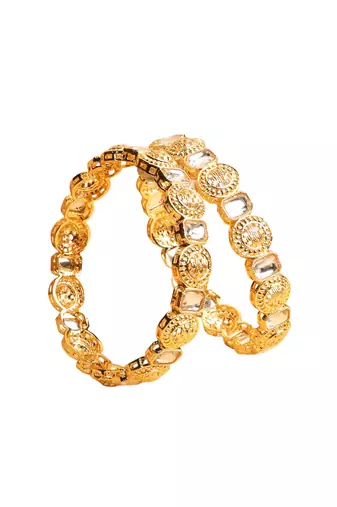traditional round shape white kundan stone gold plated set of 2 bangle set for women
