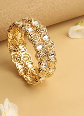 traditional round shape white kundan stone gold plated set of 2 bangle set for women 3