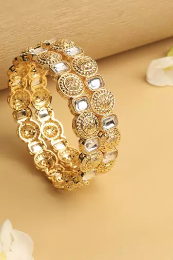 traditional round shape white kundan stone gold plated set of 2 bangle set for women
