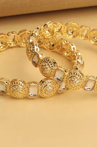 traditional round shape white kundan stone gold plated set of 2 bangle set for women