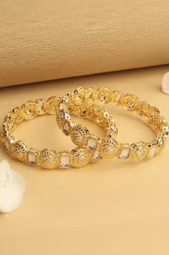 traditional round shape white kundan stone gold plated set of 2 bangle set for women