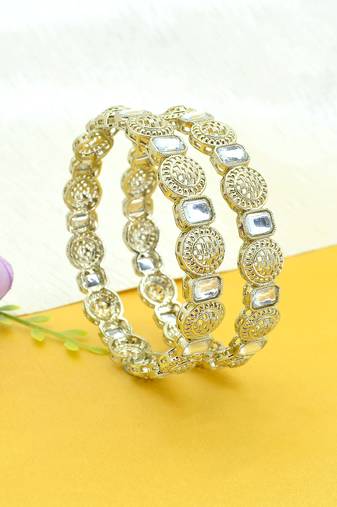 glimmery round shape kundan antique gold plated set of 2 bangle set for women