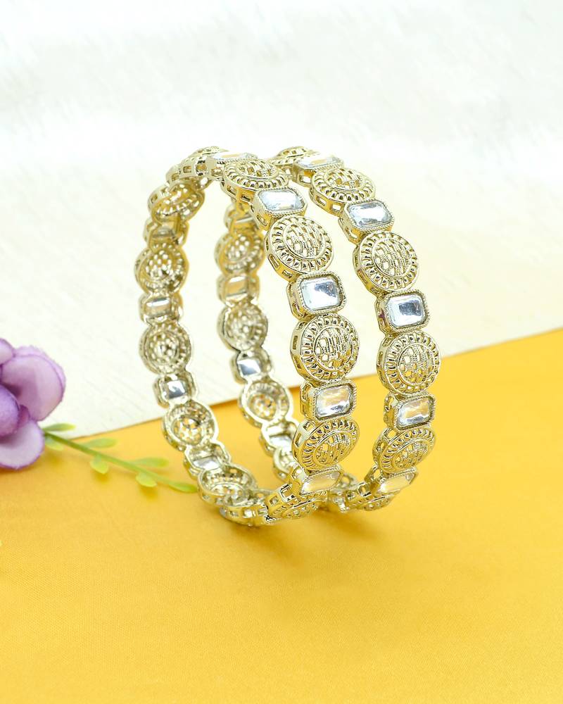 glimmery round shape kundan antique gold plated set of 2 bangle set for women