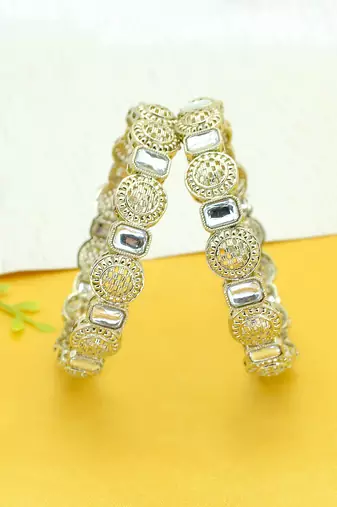glimmery round shape kundan antique gold plated set of 2 bangle set for women