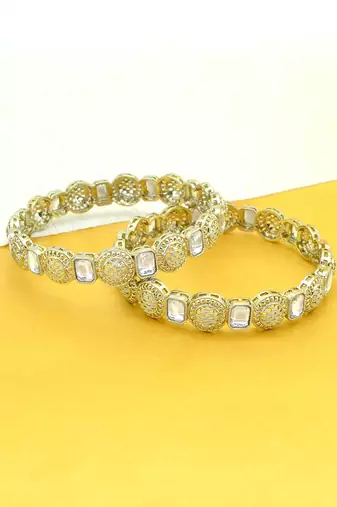 glimmery round shape kundan antique gold plated set of 2 bangle set for women