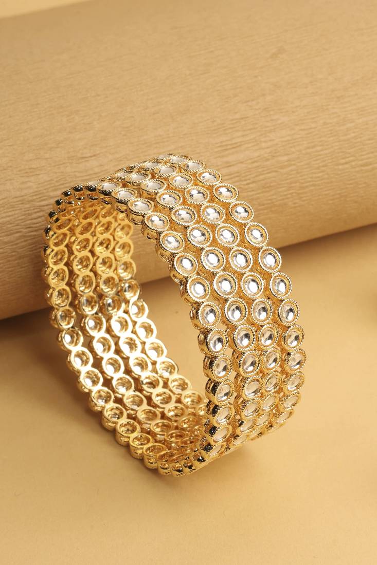 traditional round shape white kundan stone gold plated set of 4 bangle set for women