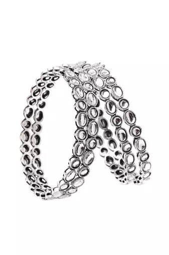 trendy round shape white kundan stone silver plated set of 4 bangle set for women