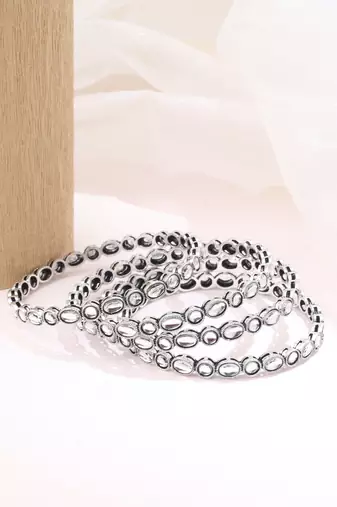trendy round shape white kundan stone silver plated set of 4 bangle set for women