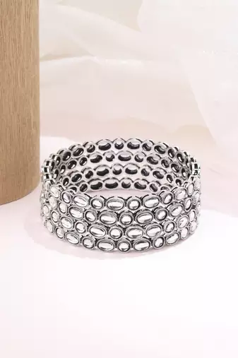 trendy round shape white kundan stone silver plated set of 4 bangle set for women