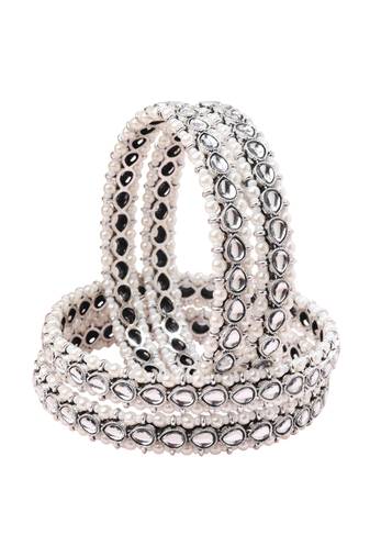 lovely oval shape white kundan stone silver plated set of 4 bangle set for women