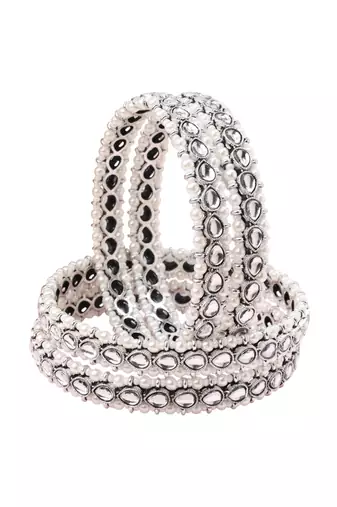 lovely oval shape white kundan stone silver plated set of 4 bangle set for women