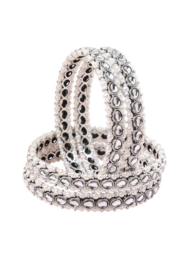 lovely oval shape white kundan stone silver plated set of 4 bangle set for women