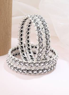 lovely oval shape white kundan stone silver plated set of 4 bangle set for women 2