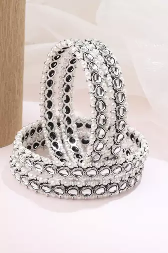 lovely oval shape white kundan stone silver plated set of 4 bangle set for women