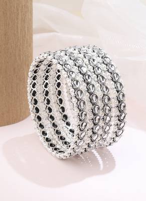 lovely oval shape white kundan stone silver plated set of 4 bangle set for women 3